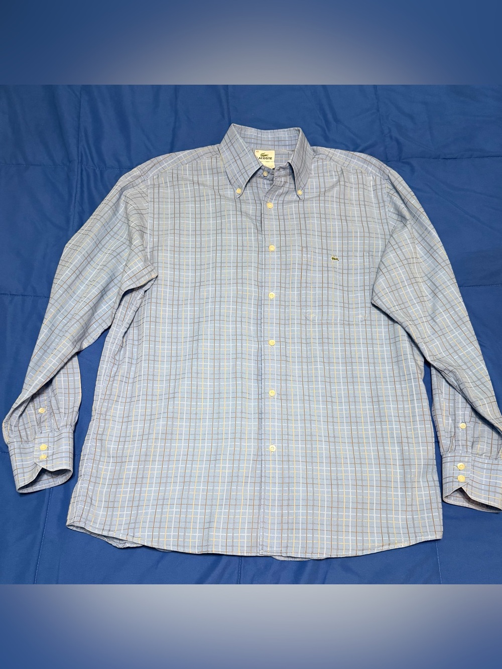 Lacoste Men's Light Blue Plaid Button-Front Shirt with Yellow Accents